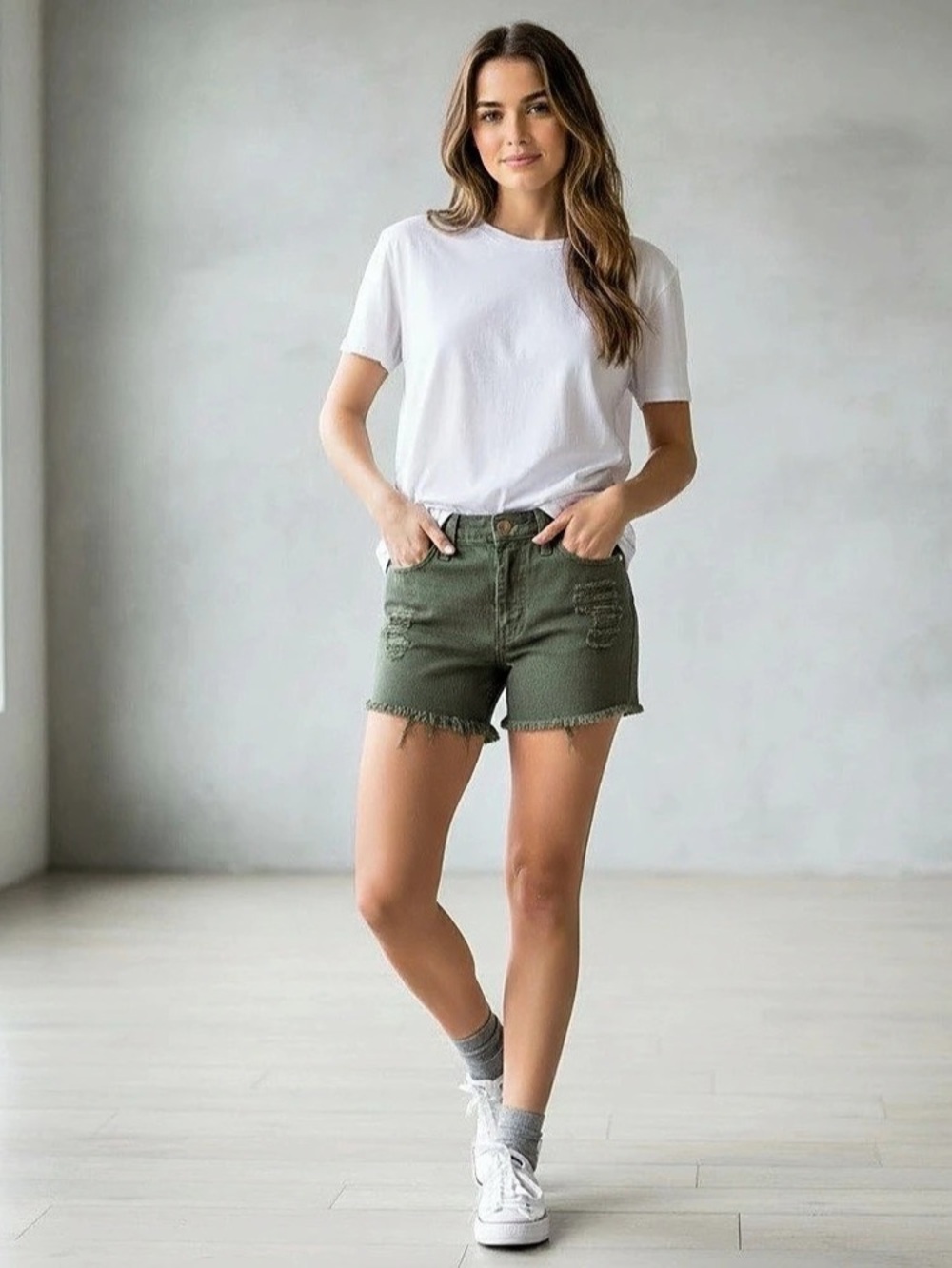 Vibrant MIU Low Rise Cut Off Shorts Women's Distressed Jean Shorts in Green